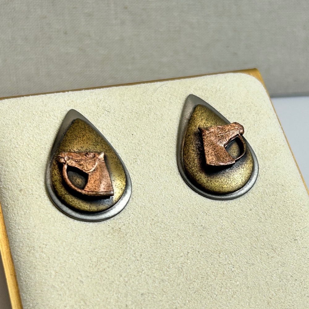 Vintage Mixed Metal Horse Head Teardrop Post Earrings Equestrian Western